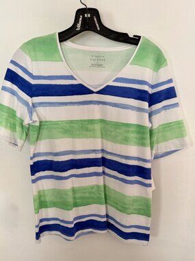 Talbots White Blue Green Stripe "The Talbots Tee" Short Sleeve Top Size M - NWT